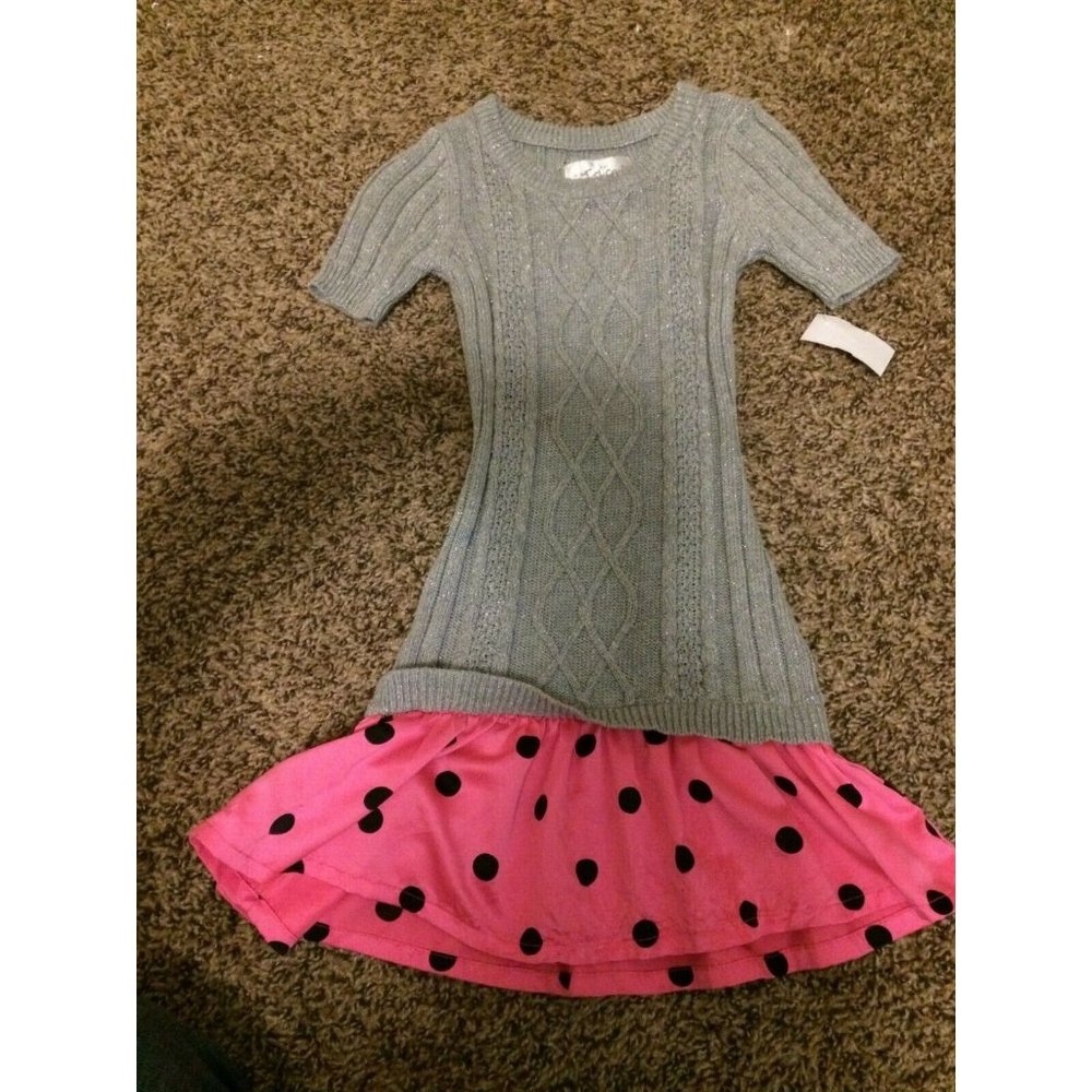 Justice Silver Short Sleeve Sweater Dress Pink and Black Polka Dot Skirt 7 Party